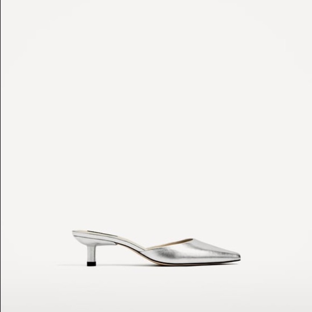 NWOT Zara Silver Metallic Slip On Mules Heels - Picture 2 of 6